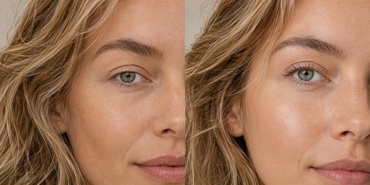 Blonde woman before and after using The C Curl without mascara