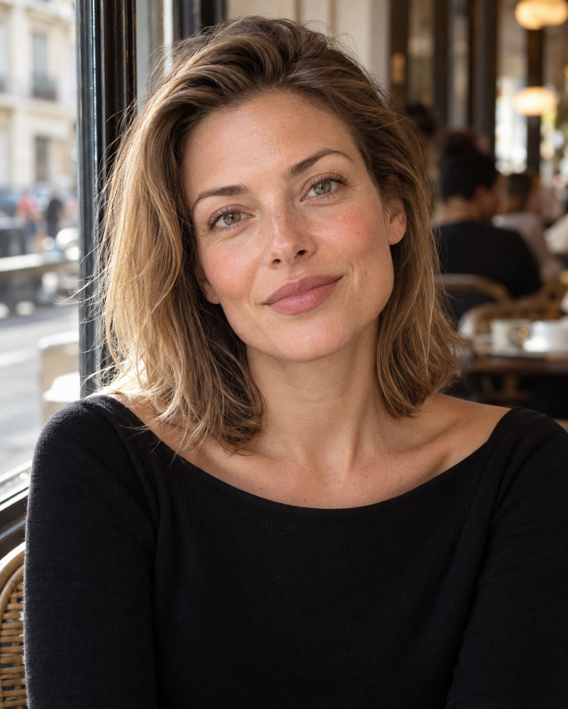 Woman in a black knit top seated beside a cafe window with softly defined lips and curled lashes