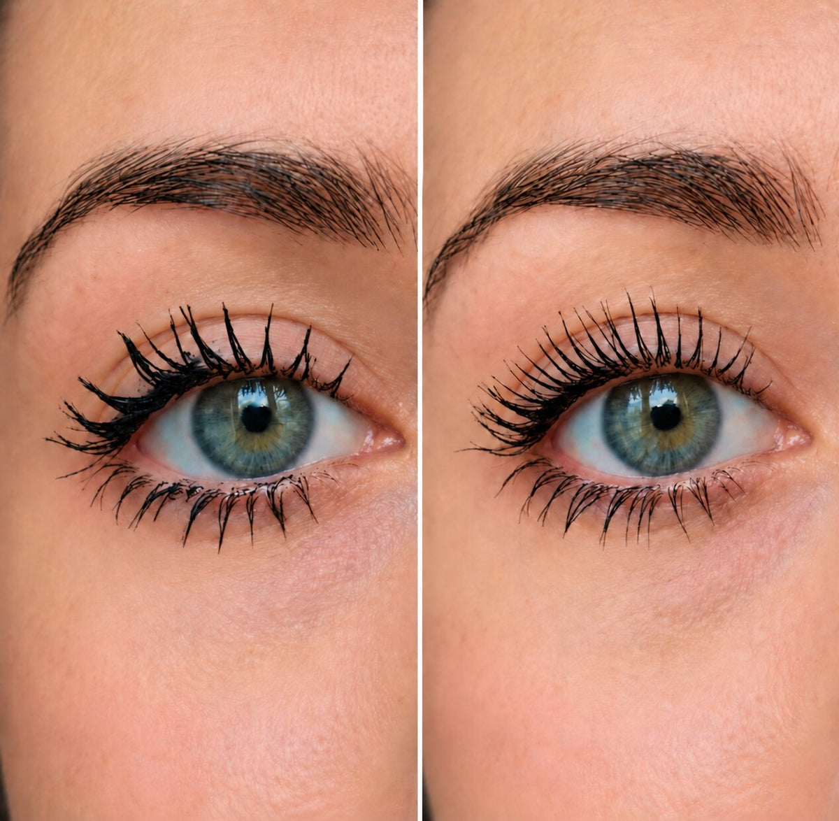 Close comparison of clumpy lashes and lashes separated with The Curl Comb