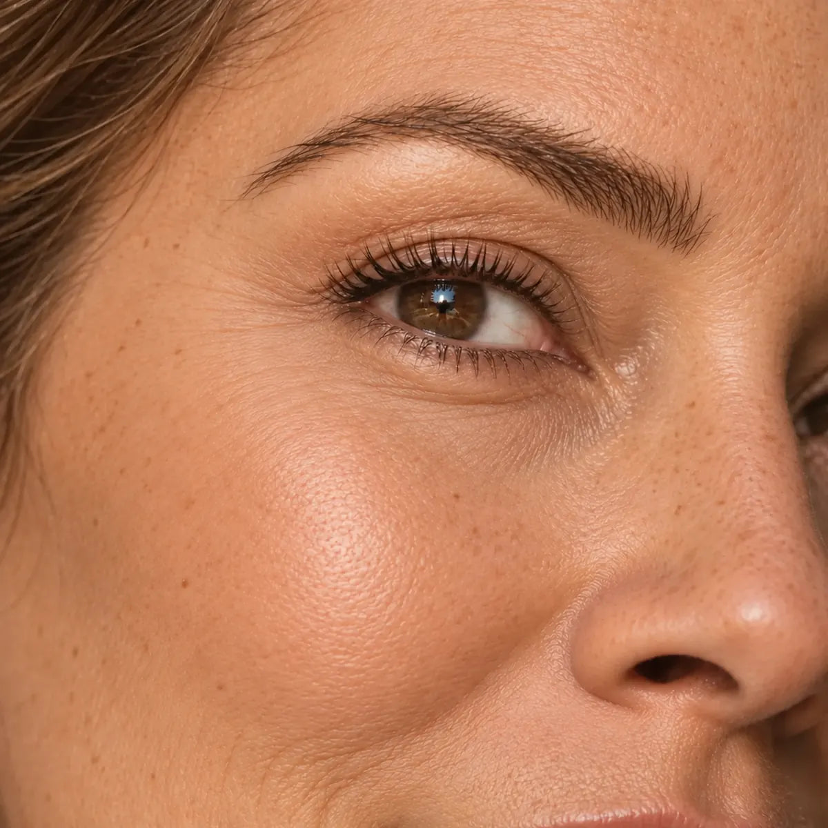 Close-up of a woman with softly framed brows and separated, defined lashes