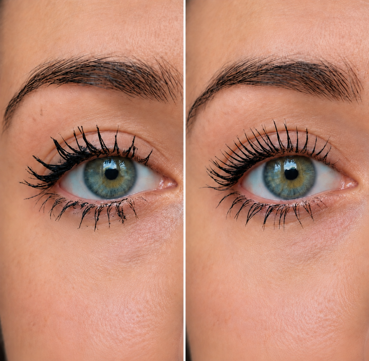 Close comparison of flaky mascara and cleanly separated Lasting Curl lashes