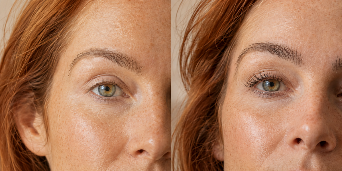 Redheaded woman before and after using The C Curl with Lasting Curl Mascara